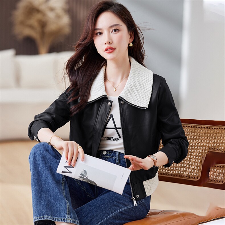 大翻领小皮衣外套女短款2023春秋新款小个子休闲洋气PU皮机车夹克,女装皮衣,江南女神