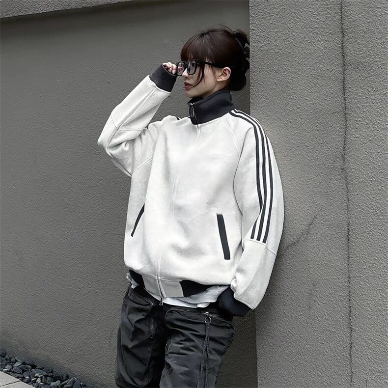 抖音得物高品质美式高街重磅结构设计拼接织带立领卫衣外套CM42，女装短外套，电商A486-1