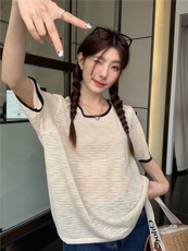 夏季新款简约百搭短袖针织衫女宽松休闲上衣，女装针织衫/毛衣，伟祺羊绒
