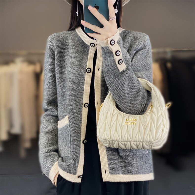 24秋冬新款小香风拼色100%纯羊毛开衫女带兜羊毛衫宽松针织衫外套,女装羊毛衫,端硕羊绒