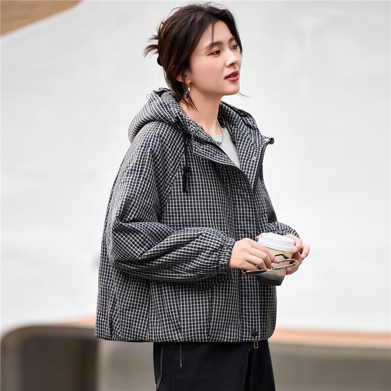 2025年冬季宽松连帽格子加厚棉衣服棉短款外套,女装棉衣/棉服,简韵佳