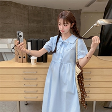 减龄娃娃领蓝色连衣裙女夏2025新款韩系chic别致穿搭气质感学院风，女装连衣裙，2C261