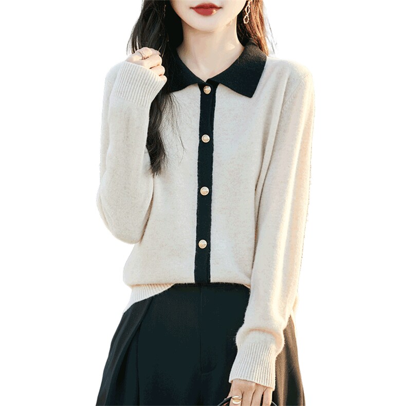 小香风100%纯羊毛开衫女POLO领拼色针织外套上衣宽松羊绒毛衣衬衫,女装羊毛衫,蒙特羊绒