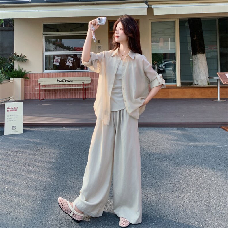 2026年夏季新款时尚潮流舒适洋气韩系气质三件套裤,女装套装/套裙,心心服饰