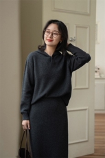 时尚休闲连帽针织套装裙显瘦百搭长袖毛衣裙舒适保暖秋冬必备，女装套装/套裙，泰沅羊绒