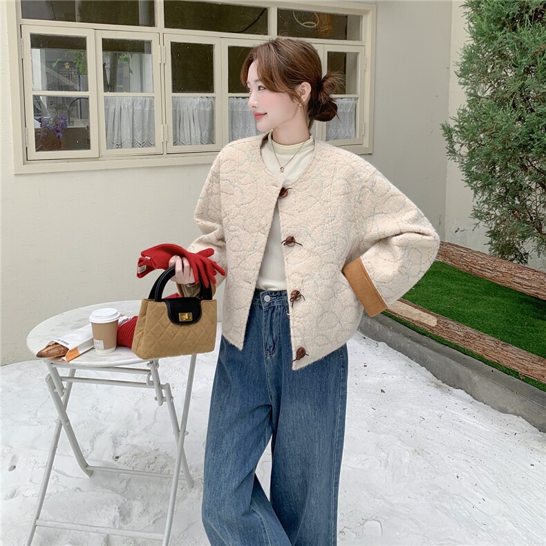 现货-2025年冬季新款韩版圆领提花设计显瘦夹棉毛呢百搭外套女，女装毛呢外套，霓裳依族