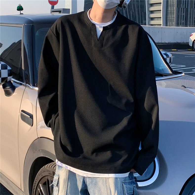 2026春夏大码假两件华夫格长袖T恤男宽松上衣W56683/特P20黑,男装T恤,电商A094