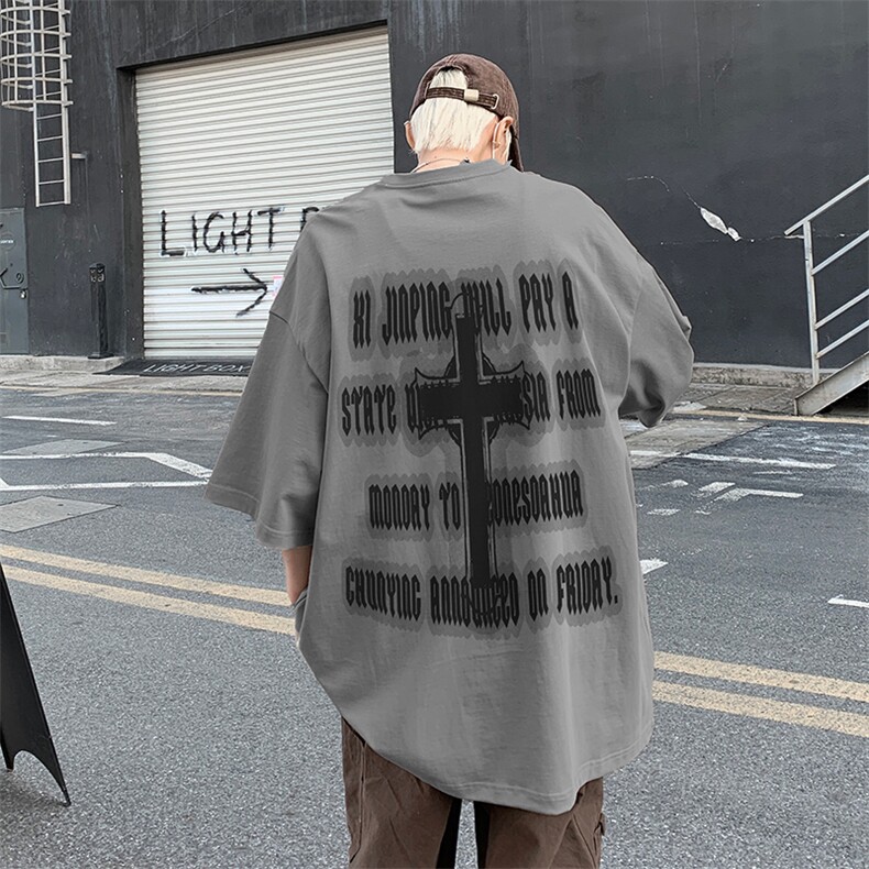 B239-1103-P25字母十字架印花夏季重磅落肩袖短袖T恤男美式,男装T恤,星座514-2(原B239)