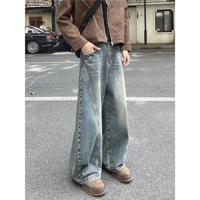 美式复古蓝弯刀牛仔裤男款秋季潮牌宽松阔腿休闲裤痞帅炸街拖地裤,男装牛仔裤,星座612