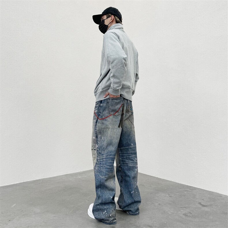 美式3D打印神牛cleanfit直筒宽松泼墨印花显高做旧牛仔,男装休闲裤,星座218-1（原230）