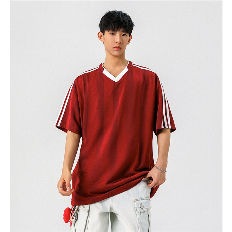可二开美式复古条纹运动球衣男大码M-5XL短袖T恤男DX78018P45控75图片