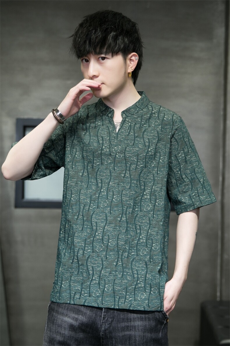 新中式立领唐装短袖风T恤汉服高品质缎彩潮提花T321-P55,男装T恤,电商A227