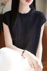 2025夏季薄款桑蚕丝天丝针织短袖女欧货高端无袖背心t恤包袖上衣，女装T恤，萱芳婷羊绒