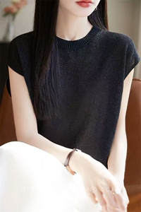 2025夏季薄款桑蚕丝天丝针织短袖女欧货高端无袖背心t恤包袖上衣图片