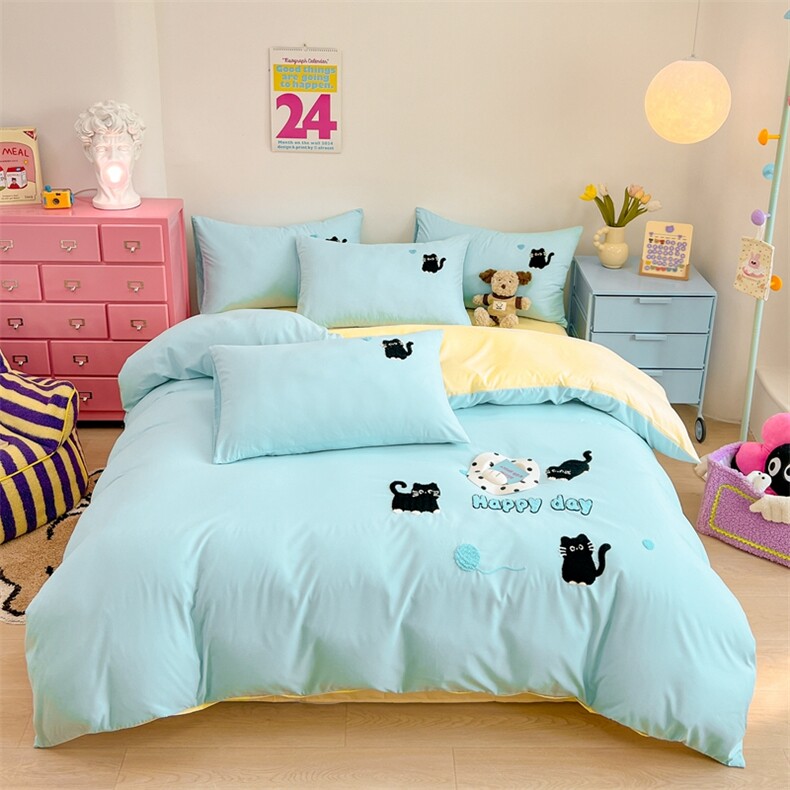 新款柔软细腻水洗棉毛巾绣四件套-小黑猫，床品套件，一起卖家纺