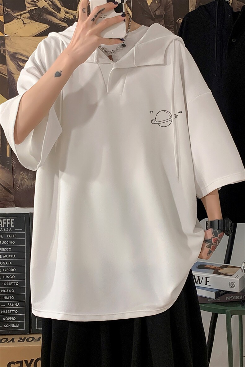 LD54238-P45连帽短袖t恤男大码胖子带帽五分袖中袖海报风,男装T恤,电商A040