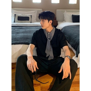 蓝色格子领带航海系短袖男设计感小众夏季正肩t恤假两件polo衫图片