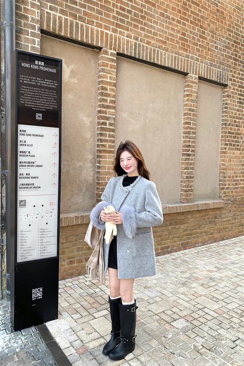 2025冬季新款！毛呢内夹羽绒优雅贵妇袖口真狐狸毛,女装羽绒服,2C015