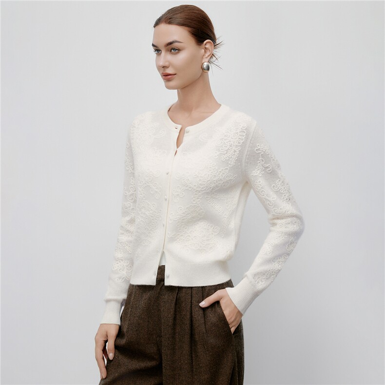 秋冬新款气质优雅山羊绒100%立体钩花羊绒衫单排扣长袖针织开衫，女装羊绒衫，阿舍尔精品
