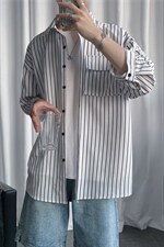 C2037/P35夏季条纹工装短袖衬衣男士宽松衬衫五分袖潮大码上衣男，男装衬衫，电商A141