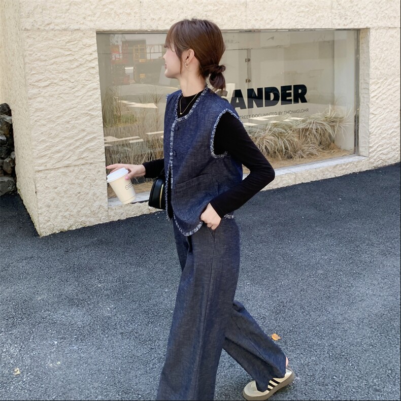 韩系复古牛仔马甲套装女2025秋季新款小个子设计感上衣长裤三件套,女装套装/套裙,2C170