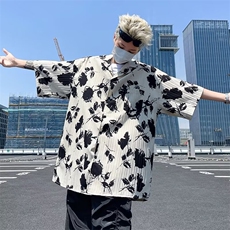 ins美式复古设计感古巴领短袖花衬衫男夏季宽松痞帅衬衣，男装衬衫，星座716-4