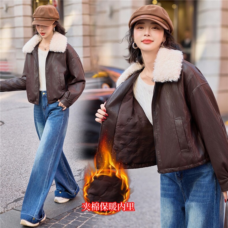 现货BAO款皮棉服女2025冬季新款保暖毛领羽绒棉PU皮衣短外套上衣,女装皮衣,江南女神