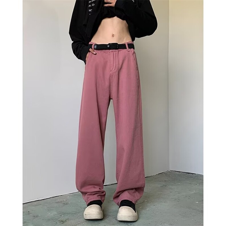 美式粉色牛仔裤潮牌男直筒工装裤子oversize阔腿裤RK2284-P40,男装牛仔裤,星座412-2