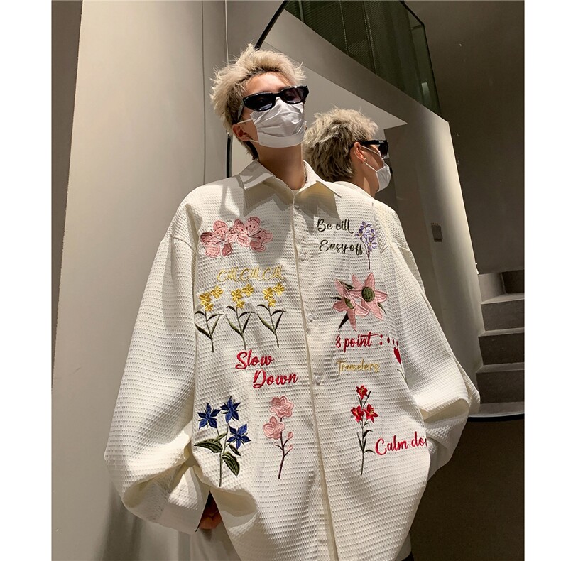 2024美式复古华夫格彩色花卉刺绣长袖衬衫情侣上衣男女H980P78,男装衬衫,电商A341