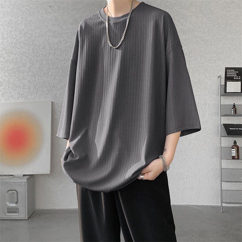 短袖男夏季新款宽松港风暗纹冰丝大码五分袖上衣T恤T9908-P30，男装T恤，星座214-3