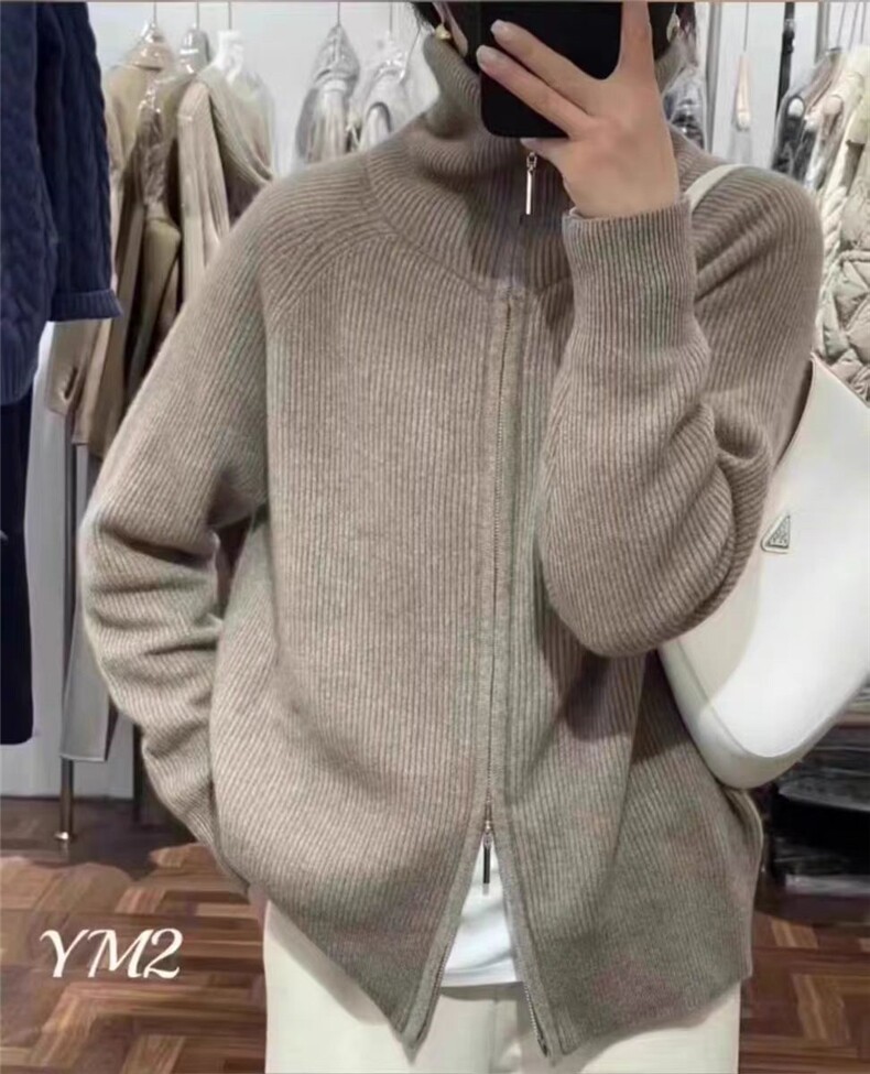 冬季羊绒衫女高领毛衣开衫双拉链纯色外套简约外搭针织打底羊毛衫,女装羊毛衫,冀清阳荣