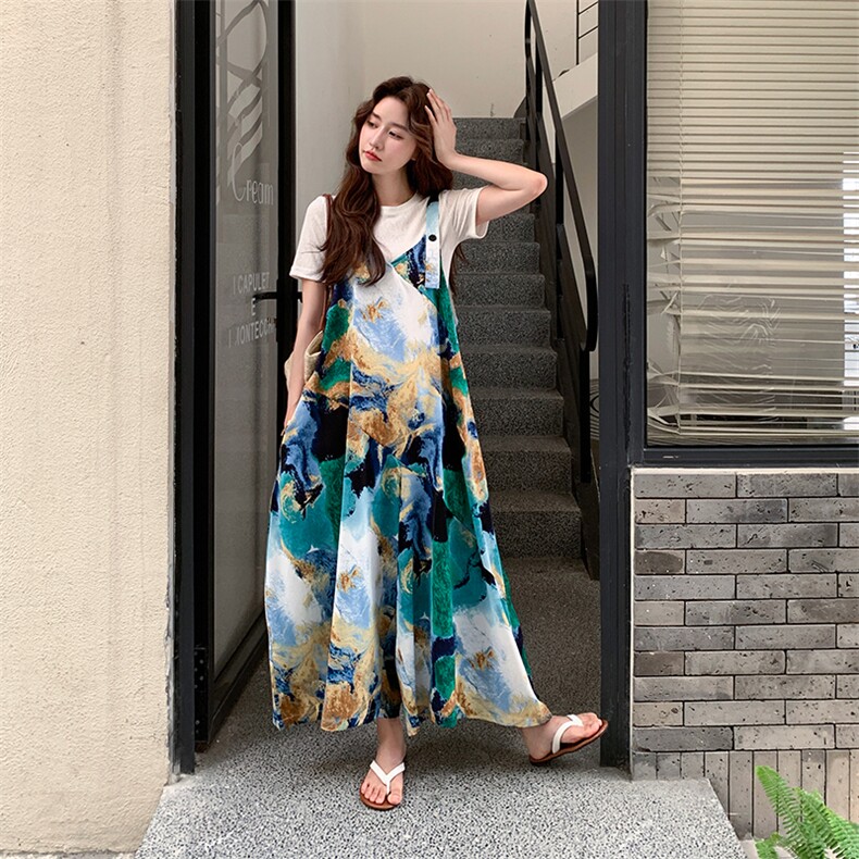 文艺风油画印花阔腿背带裤女2025夏季新款气质慵懒风休闲显瘦裤子图片