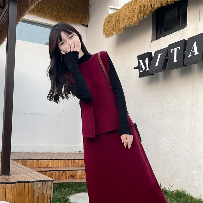 2024年秋季时尚潮流芝麻点马甲套装裙两件套,女装套装/套裙,美雪羊绒