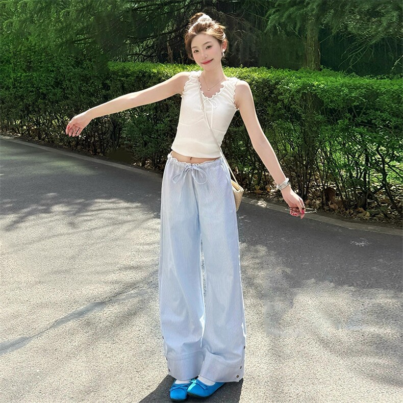 浅蓝色条纹阔腿休闲裤女2025新款夏宽松慵懒风遛弯运动裤子垂坠感图片