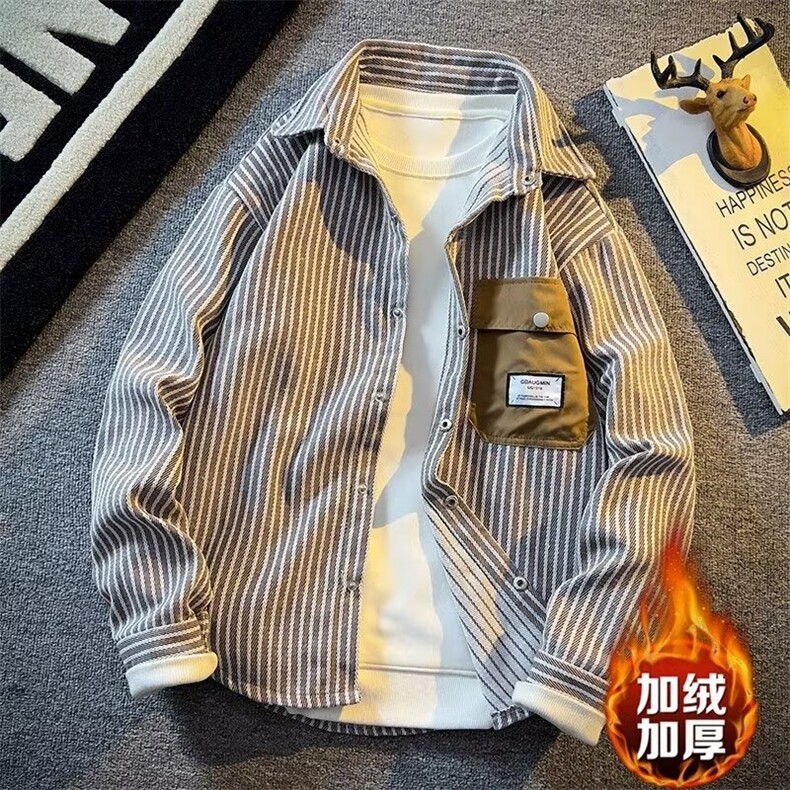 1506-1/JXXF0321/P59日系复古条纹衬衫男长袖加绒时尚外套男女,男装衬衫,星座1506-1