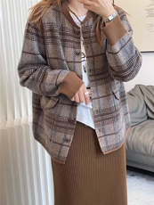 格子v领针织开衫女秋冬新款流行软糯毛衣外套慵懒外搭，女装羊毛衫，纳慈羊绒