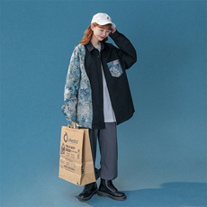 中性风花型拼接长袖衬衫女大码M-5XL情侣潮长袖衬衫男CS7714P60，男装衬衫，星座227-7