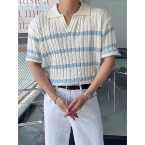 夏季白色翻领Polo衫条纹日系针织衫男短袖上衣T恤衫宽松 TB283图片