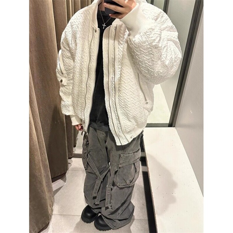 【有货】白色双拉链立领棉衣外套褶皱棒球服棉服MY5014特P103,男装棉衣,星座908-1