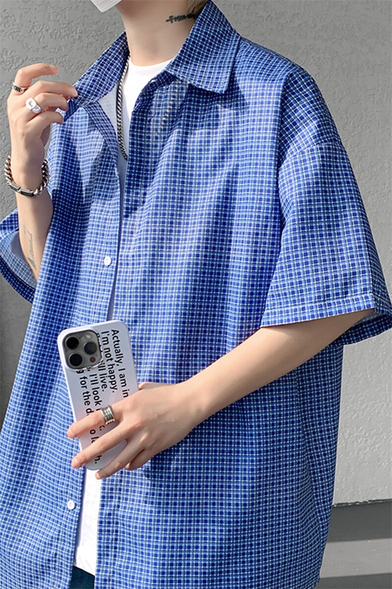 8XL-M短袖衬衫男夏宽松慵懒风痞帅条纹格子衫半袖外套DC28005P40,男装衬衫,电商B312