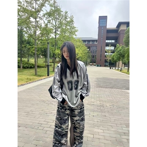 美式复古运动球衣长袖T恤男女宽松拼接字母印花网眼透气街舞衣服图片