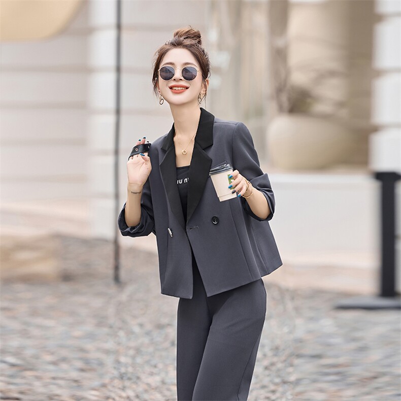 撞色西装领双排扣外套+阔腿裤两件套2531P165,女装套装/套裙,乐衣轩