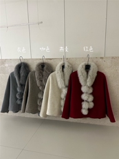 【依嘟】狐狸毛领红色小个子冬新款韩系百搭羊毛外套(配毛领狐狸，女装双面呢大衣，依嘟服饰