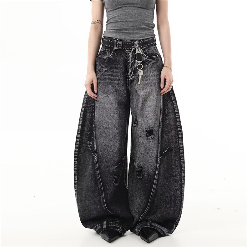 美式复古做旧廓形破洞牛仔裤解构宽松阔腿弯刀长裤潮N950-P58,男装牛仔裤,星座308B-2
