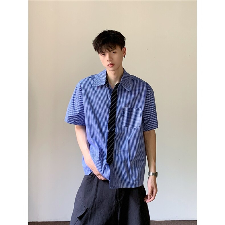 蓝色格纹假领带衬衫男女夏季短袖美式衬衣情侣A2270-P39,男装T恤,星座208-5