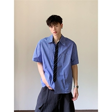 蓝色格纹假领带衬衫男女夏季短袖美式衬衣情侣A2270-P39，男装T恤，星座208-5