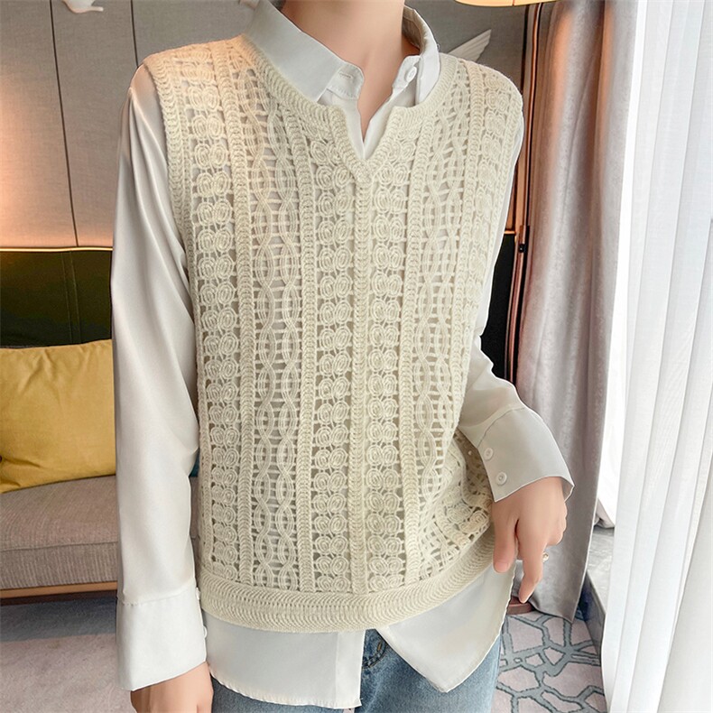 圆领镂空钩花100%纯羊毛衫马甲女刺绣毛衣无袖背心宽松羊绒衫坎肩，女装背心吊带，冀清阳荣