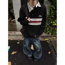 流行日系百搭气质撞色polo领卫衣男情侣宽松外套慵懒W42，男装T恤，星座1116A（原606A-3）