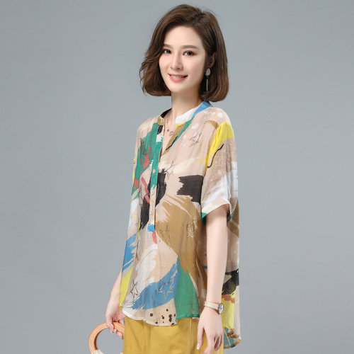 2021夏季新款时尚休闲镶钻印花宽松衬衫,女装衬衫,叶笙衣