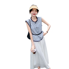主推现货流苏拼接无袖上衣+白色半身裙套装7656-P145-K208，女装套装/套裙，2C159